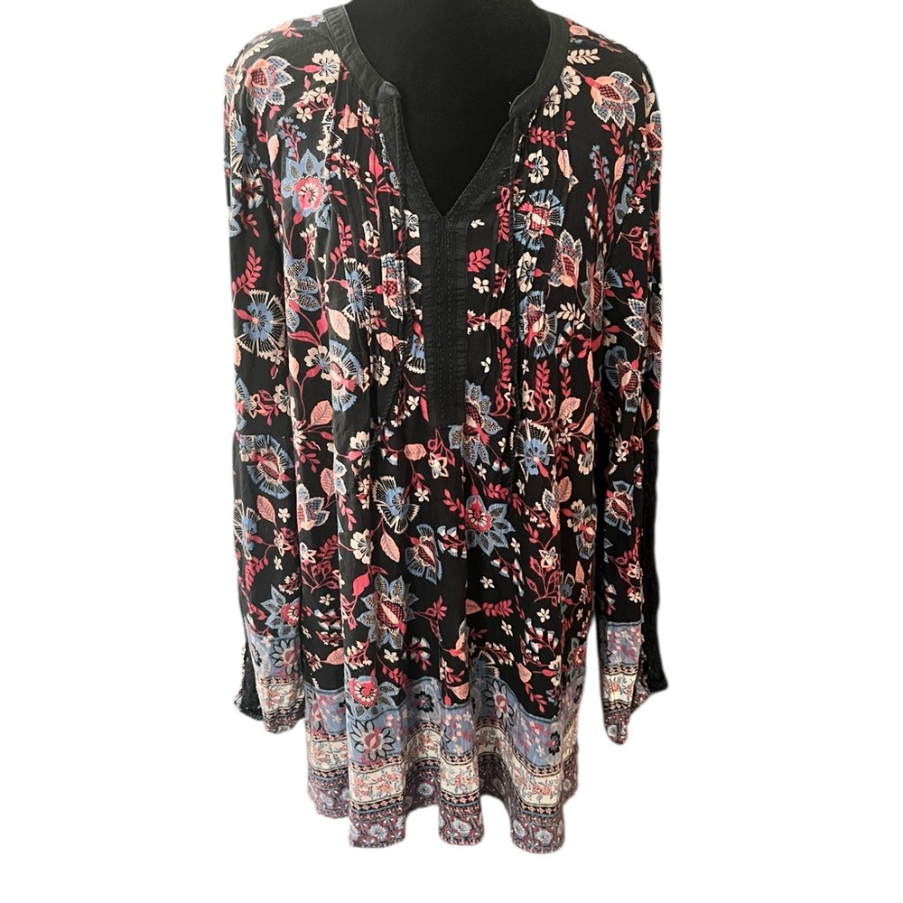 VINTAGE AMERICA Tunic 1X Black Floral Long Sleeve